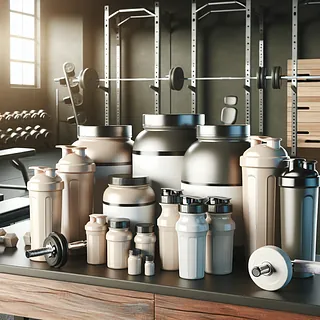 Realistic stock image of protein supplements in gym