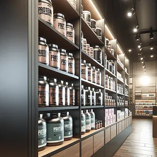 Realistic stock image of protein supplements on shelves